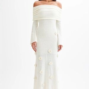 Meshki Kiki Off Shoulder Knit Rose Maxi Dress-Ivory
